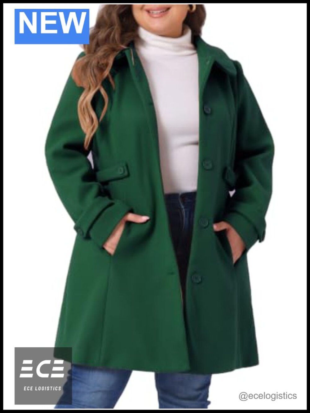 Plus Size Peter Pan Collar Pea Coat Midi Long Winter Coat 1X